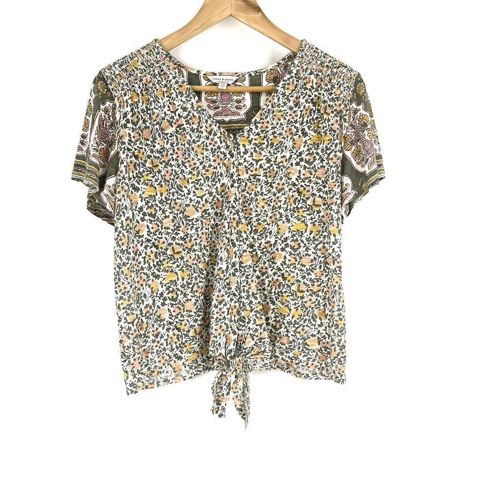 Lucky Brand Shirt Size Small Womens Green Floral Print Button Tie Front Top Boho